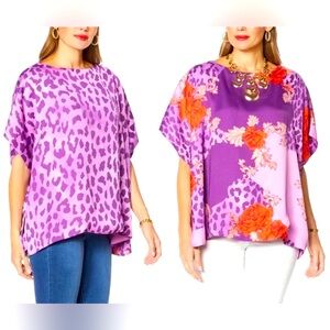 IMAN Reversible Printed Kimono Top - Purple Pink Floral Leopard M/L